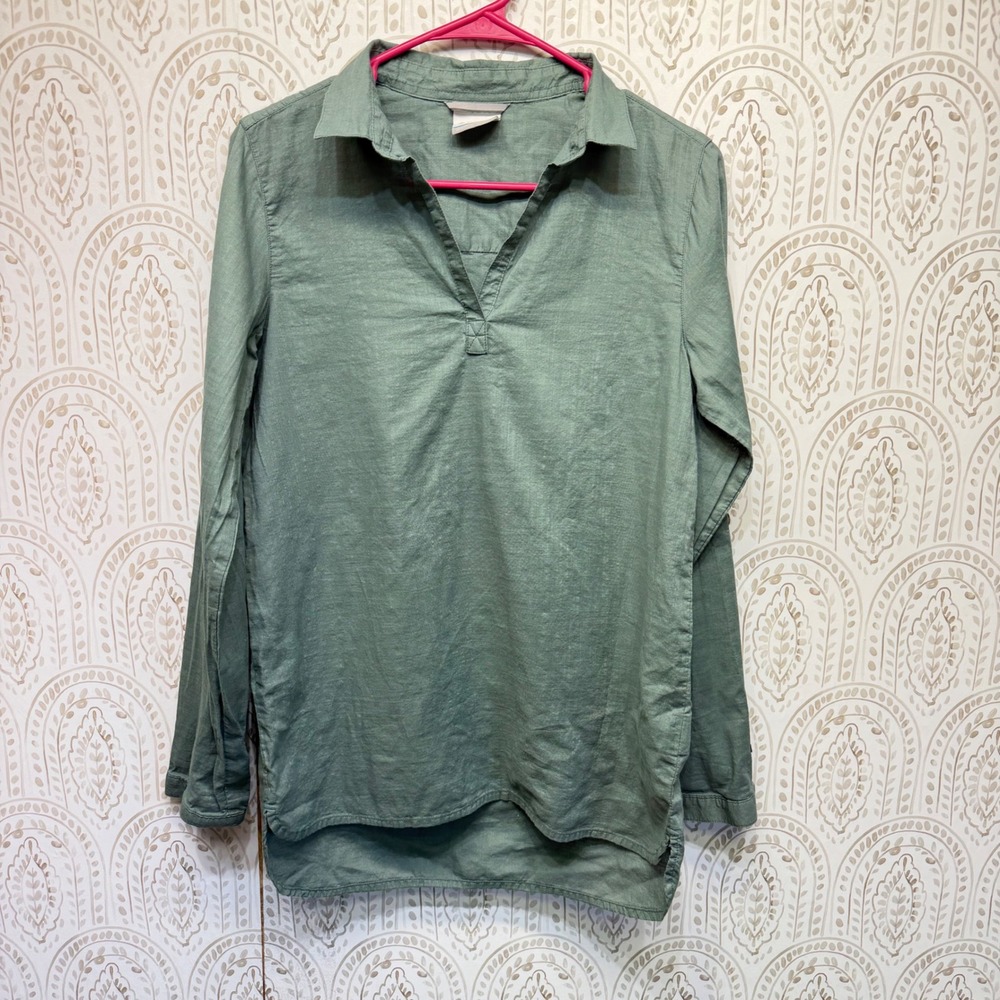 Columbia Tunic Top Womens Small‎ Green Cotton Roll Tab Sleeve Slub Knit